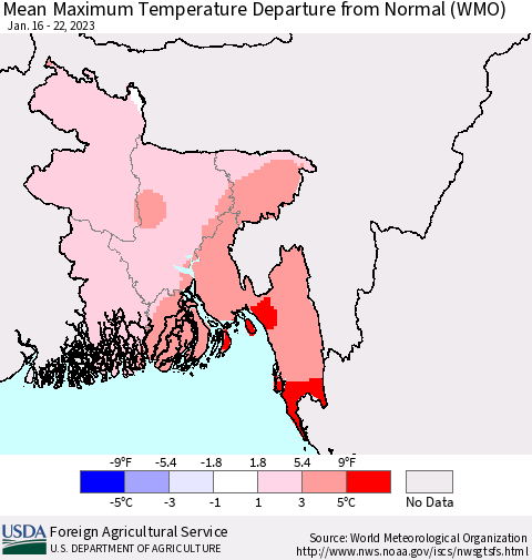 Bangladesh Mean Maximum Temperature Departure from Normal (WMO) Thematic Map For 1/16/2023 - 1/22/2023