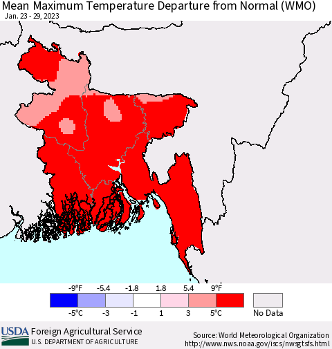Bangladesh Mean Maximum Temperature Departure from Normal (WMO) Thematic Map For 1/23/2023 - 1/29/2023
