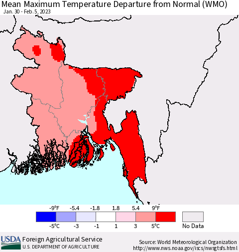 Bangladesh Mean Maximum Temperature Departure from Normal (WMO) Thematic Map For 1/30/2023 - 2/5/2023