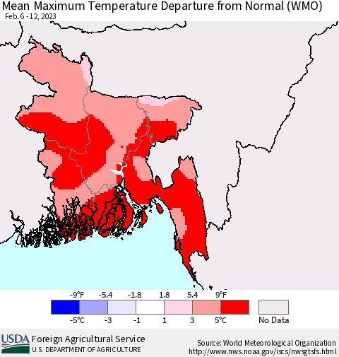 Bangladesh Mean Maximum Temperature Departure from Normal (WMO) Thematic Map For 2/6/2023 - 2/12/2023