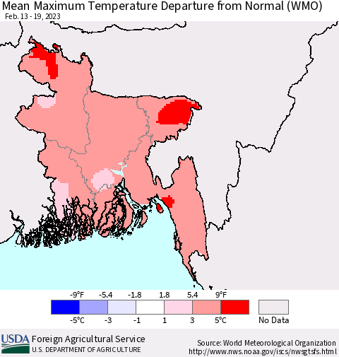 Bangladesh Mean Maximum Temperature Departure from Normal (WMO) Thematic Map For 2/13/2023 - 2/19/2023