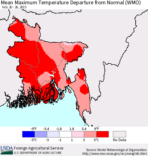 Bangladesh Mean Maximum Temperature Departure from Normal (WMO) Thematic Map For 2/20/2023 - 2/26/2023