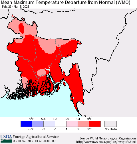 Bangladesh Mean Maximum Temperature Departure from Normal (WMO) Thematic Map For 2/27/2023 - 3/5/2023