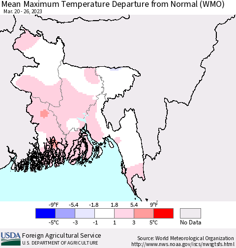 Bangladesh Mean Maximum Temperature Departure from Normal (WMO) Thematic Map For 3/20/2023 - 3/26/2023