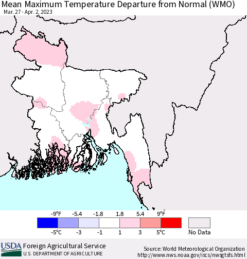 Bangladesh Mean Maximum Temperature Departure from Normal (WMO) Thematic Map For 3/27/2023 - 4/2/2023