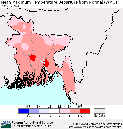 Bangladesh Mean Maximum Temperature Departure from Normal (WMO) Thematic Map For 4/3/2023 - 4/9/2023