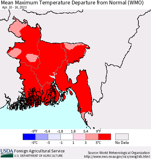 Bangladesh Mean Maximum Temperature Departure from Normal (WMO) Thematic Map For 4/10/2023 - 4/16/2023