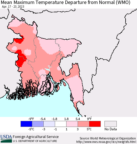 Bangladesh Mean Maximum Temperature Departure from Normal (WMO) Thematic Map For 4/17/2023 - 4/23/2023