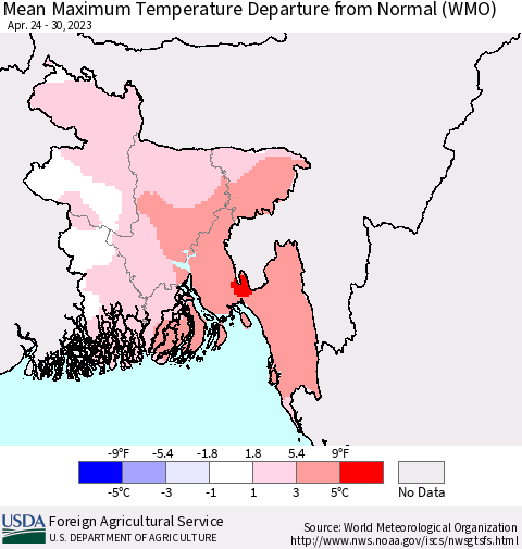 Bangladesh Mean Maximum Temperature Departure from Normal (WMO) Thematic Map For 4/24/2023 - 4/30/2023
