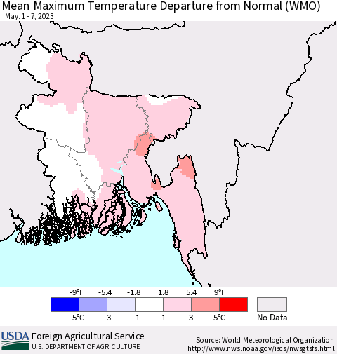 Bangladesh Mean Maximum Temperature Departure from Normal (WMO) Thematic Map For 5/1/2023 - 5/7/2023