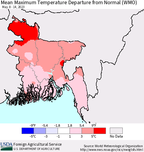 Bangladesh Mean Maximum Temperature Departure from Normal (WMO) Thematic Map For 5/8/2023 - 5/14/2023