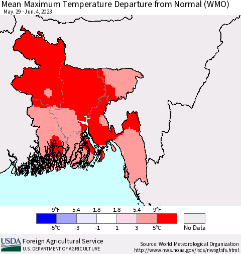Bangladesh Mean Maximum Temperature Departure from Normal (WMO) Thematic Map For 5/29/2023 - 6/4/2023