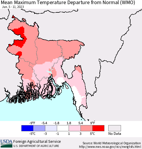 Bangladesh Mean Maximum Temperature Departure from Normal (WMO) Thematic Map For 6/5/2023 - 6/11/2023