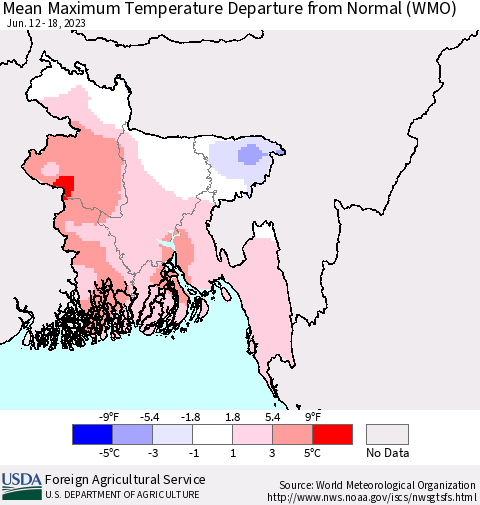 Bangladesh Mean Maximum Temperature Departure from Normal (WMO) Thematic Map For 6/12/2023 - 6/18/2023