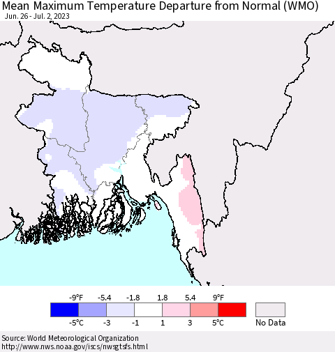 Bangladesh Mean Maximum Temperature Departure from Normal (WMO) Thematic Map For 6/26/2023 - 7/2/2023