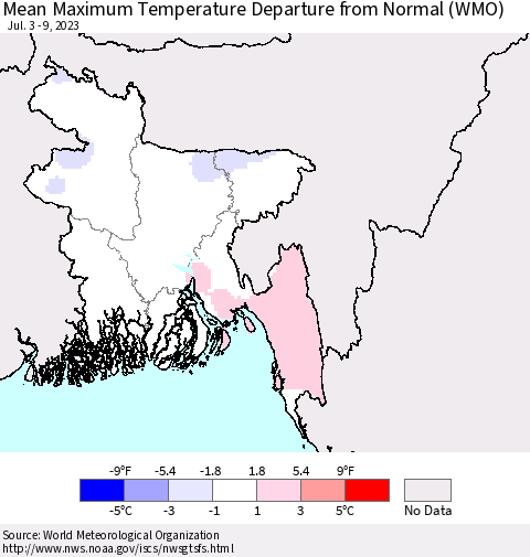 Bangladesh Mean Maximum Temperature Departure from Normal (WMO) Thematic Map For 7/3/2023 - 7/9/2023