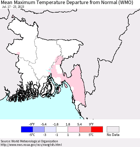 Bangladesh Mean Maximum Temperature Departure from Normal (WMO) Thematic Map For 7/17/2023 - 7/23/2023
