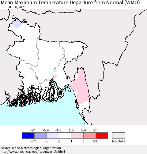 Bangladesh Mean Maximum Temperature Departure from Normal (WMO) Thematic Map For 7/24/2023 - 7/30/2023