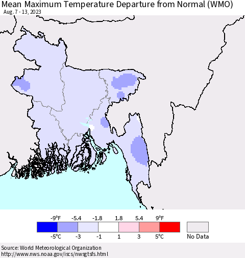 Bangladesh Mean Maximum Temperature Departure from Normal (WMO) Thematic Map For 8/7/2023 - 8/13/2023