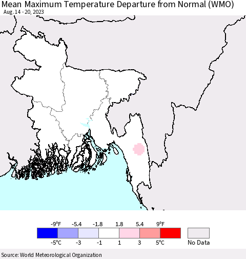 Bangladesh Mean Maximum Temperature Departure from Normal (WMO) Thematic Map For 8/14/2023 - 8/20/2023