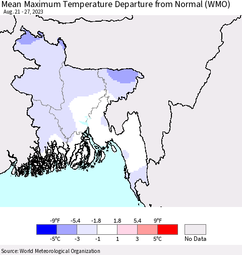 Bangladesh Mean Maximum Temperature Departure from Normal (WMO) Thematic Map For 8/21/2023 - 8/27/2023