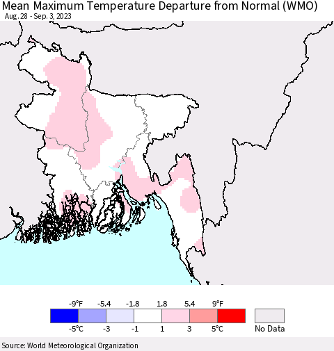 Bangladesh Mean Maximum Temperature Departure from Normal (WMO) Thematic Map For 8/28/2023 - 9/3/2023