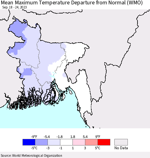 Bangladesh Mean Maximum Temperature Departure from Normal (WMO) Thematic Map For 9/18/2023 - 9/24/2023