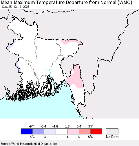 Bangladesh Mean Maximum Temperature Departure from Normal (WMO) Thematic Map For 9/25/2023 - 10/1/2023