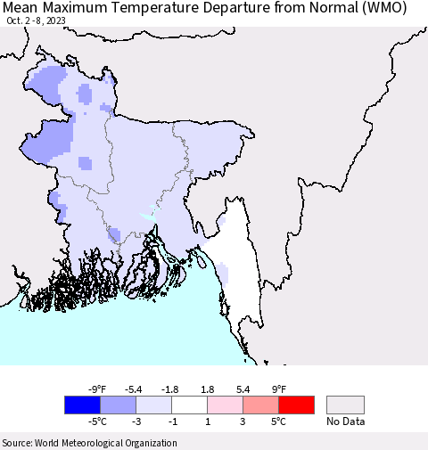 Bangladesh Mean Maximum Temperature Departure from Normal (WMO) Thematic Map For 10/2/2023 - 10/8/2023