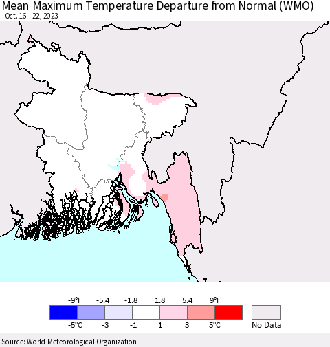 Bangladesh Mean Maximum Temperature Departure from Normal (WMO) Thematic Map For 10/16/2023 - 10/22/2023
