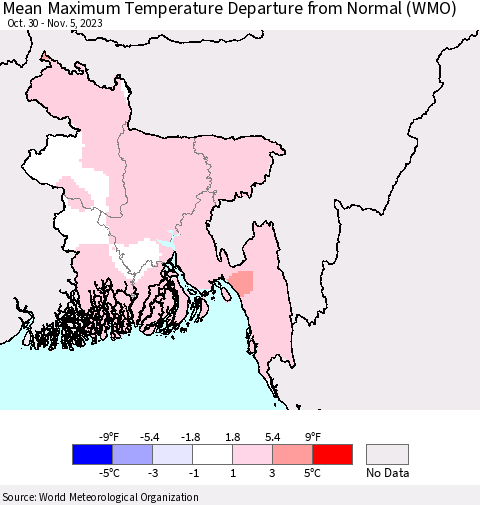 Bangladesh Mean Maximum Temperature Departure from Normal (WMO) Thematic Map For 10/30/2023 - 11/5/2023