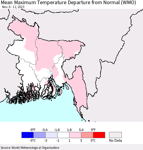 Bangladesh Mean Maximum Temperature Departure from Normal (WMO) Thematic Map For 11/6/2023 - 11/12/2023