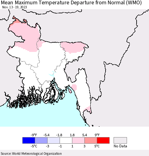 Bangladesh Mean Maximum Temperature Departure from Normal (WMO) Thematic Map For 11/13/2023 - 11/19/2023