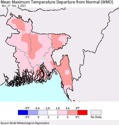 Bangladesh Mean Maximum Temperature Departure from Normal (WMO) Thematic Map For 11/27/2023 - 12/3/2023