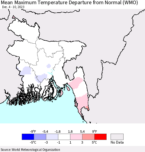 Bangladesh Mean Maximum Temperature Departure from Normal (WMO) Thematic Map For 12/4/2023 - 12/10/2023