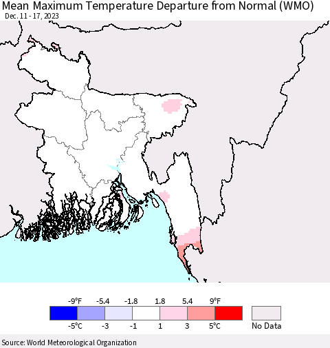 Bangladesh Mean Maximum Temperature Departure from Normal (WMO) Thematic Map For 12/11/2023 - 12/17/2023