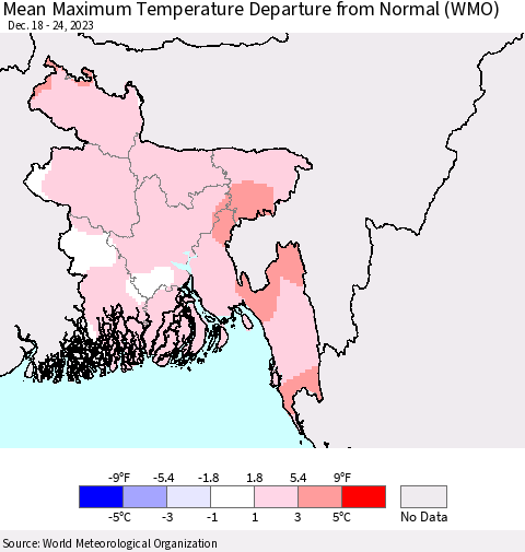 Bangladesh Mean Maximum Temperature Departure from Normal (WMO) Thematic Map For 12/18/2023 - 12/24/2023