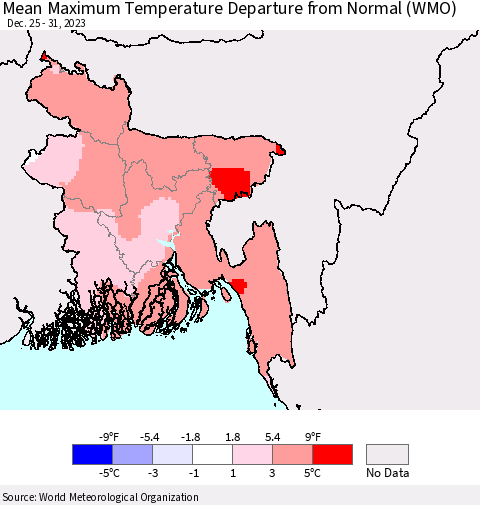 Bangladesh Mean Maximum Temperature Departure from Normal (WMO) Thematic Map For 12/25/2023 - 12/31/2023