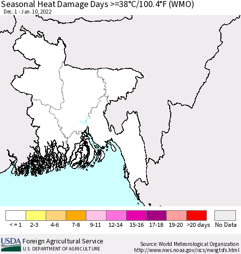 Bangladesh Seasonal Heat Damage Days >=38°C/100°F (WMO) Thematic Map For 12/1/2021 - 1/10/2022
