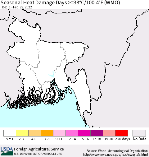 Bangladesh Seasonal Heat Damage Days >=38°C/100°F (WMO) Thematic Map For 12/1/2021 - 2/28/2022