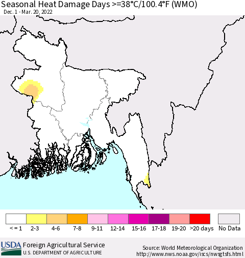 Bangladesh Seasonal Heat Damage Days >=38°C/100°F (WMO) Thematic Map For 12/1/2021 - 3/20/2022