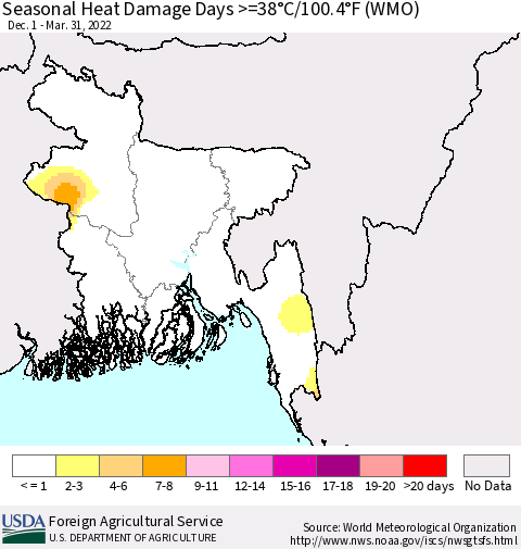 Bangladesh Seasonal Heat Damage Days >=38°C/100°F (WMO) Thematic Map For 12/1/2021 - 3/31/2022