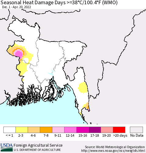 Bangladesh Seasonal Heat Damage Days >=38°C/100°F (WMO) Thematic Map For 12/1/2021 - 4/20/2022