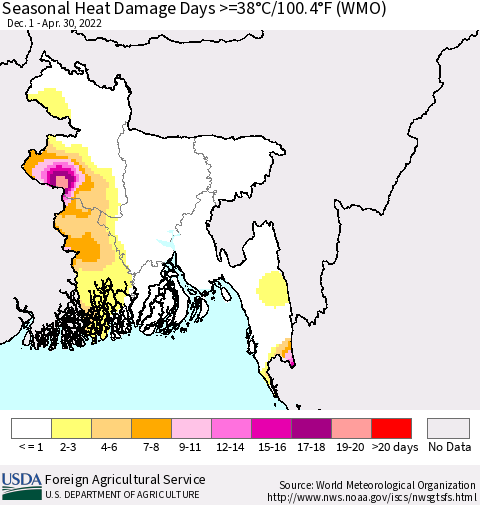 Bangladesh Seasonal Heat Damage Days >=38°C/100°F (WMO) Thematic Map For 12/1/2021 - 4/30/2022