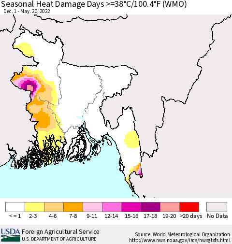Bangladesh Seasonal Heat Damage Days >=38°C/100°F (WMO) Thematic Map For 12/1/2021 - 5/20/2022