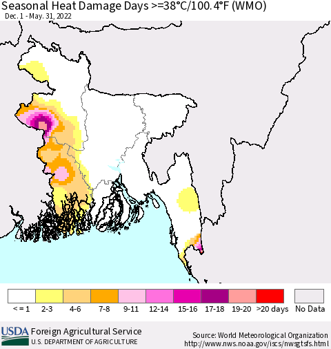 Bangladesh Seasonal Heat Damage Days >=38°C/100°F (WMO) Thematic Map For 12/1/2021 - 5/31/2022