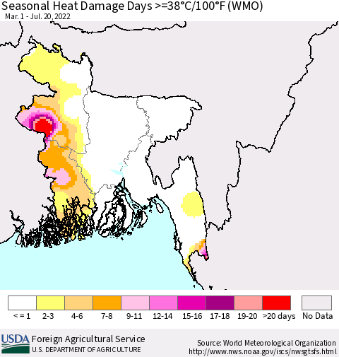 Bangladesh Seasonal Heat Damage Days >=38°C/100°F (WMO) Thematic Map For 3/1/2022 - 7/20/2022
