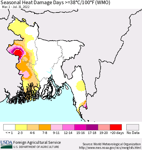 Bangladesh Seasonal Heat Damage Days >=38°C/100°F (WMO) Thematic Map For 3/1/2022 - 7/31/2022