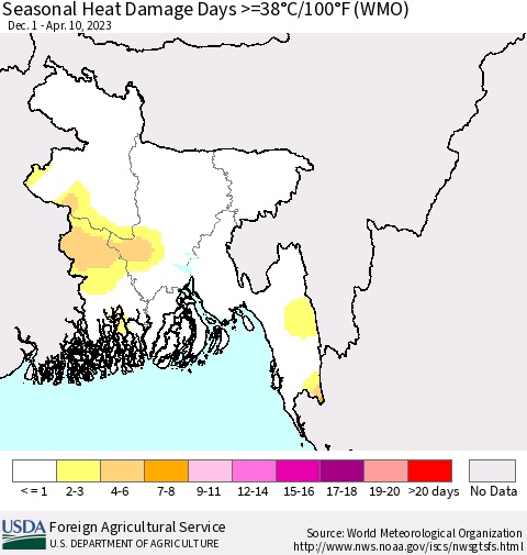 Bangladesh Seasonal Heat Damage Days >=38°C/100°F (WMO) Thematic Map For 12/1/2022 - 4/10/2023
