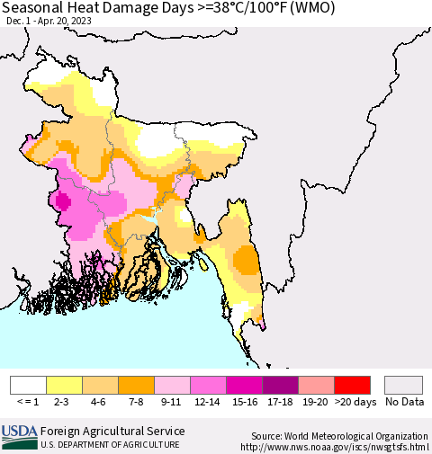 Bangladesh Seasonal Heat Damage Days >=38°C/100°F (WMO) Thematic Map For 12/1/2022 - 4/20/2023